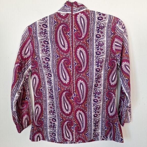 VIntage 60s 70s Mod Maroon Purple Floral Paisly Mock Neck Top Women Size S/M - Picture 3 of 9